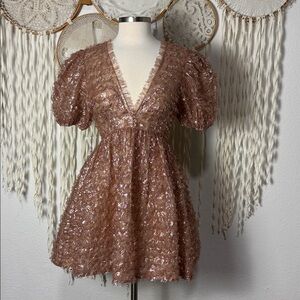 Ulla Johnson Rose Gold Metallic Puff Sleeve Mini Dress Size 2